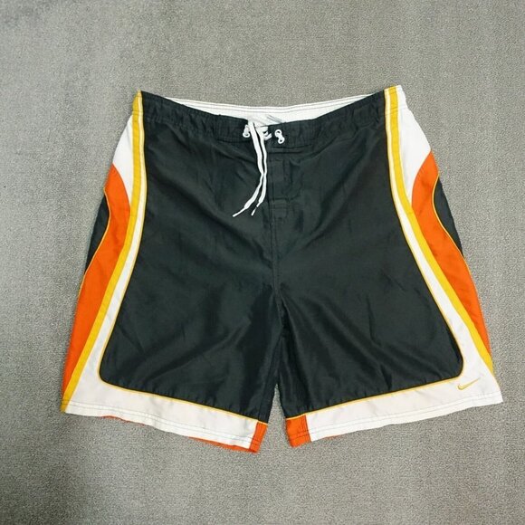 Nike Swim Trunks Men's Size Large Gray Orange Stripe Drawstring Hook Loop Mesh - Picture 1 of 5